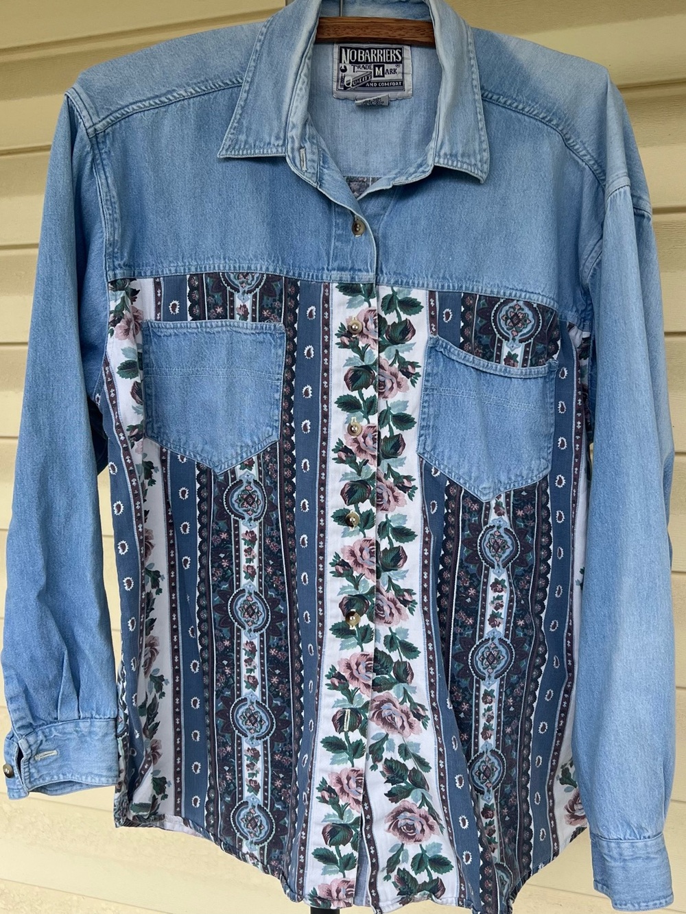 No Boundaries Light Blue Denim & Floral Panel Button-Up Shirt